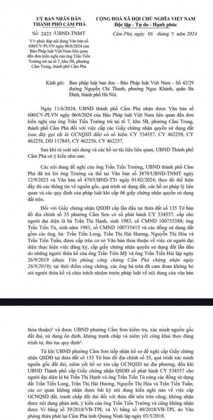 Công văn của UBND TP.Cẩm Phả phúc đáp nội dung đơn của ông Trường gửi Báo Pháp luật Việt Nam.
Công văn của UBND TP.Cẩm Phả phúc đáp nội dung đơn của ông Trường gửi Báo Pháp luật Việt Nam.