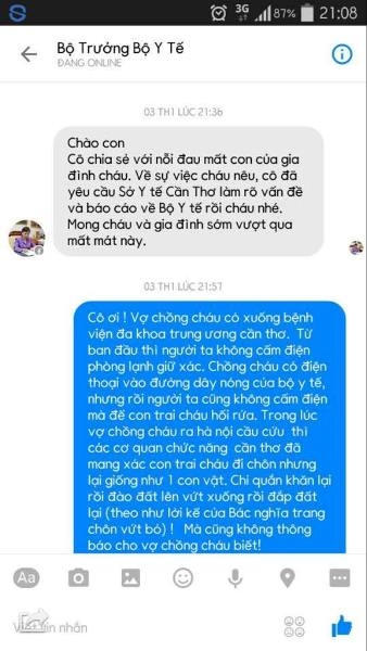 Nội dung cuộc trao đổi giữa sản phụ Hiền và Bộ trưởng Tiến qua mạng xã hội Facebook.