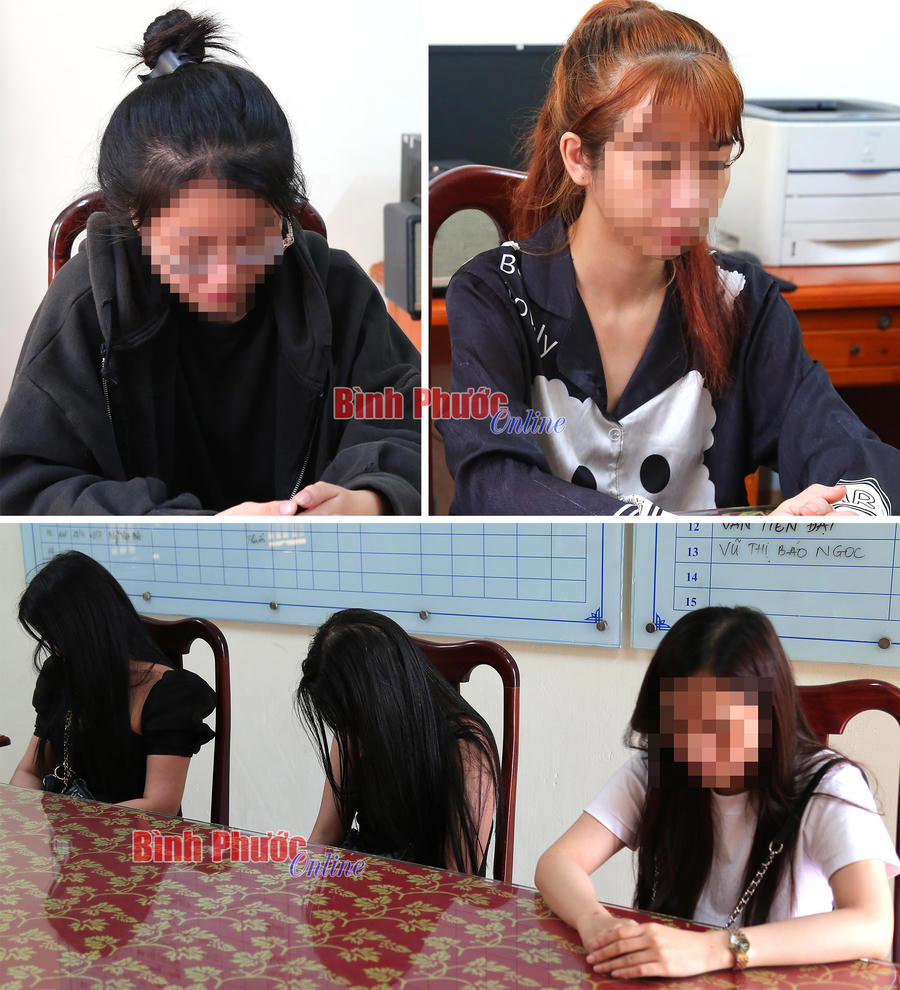 T.T.N.D và V.T.K.T (2 đối tượng môi giới mại dâm) cùng 3 cô gái bán dâm. Nguồn: Báo Bình Phước