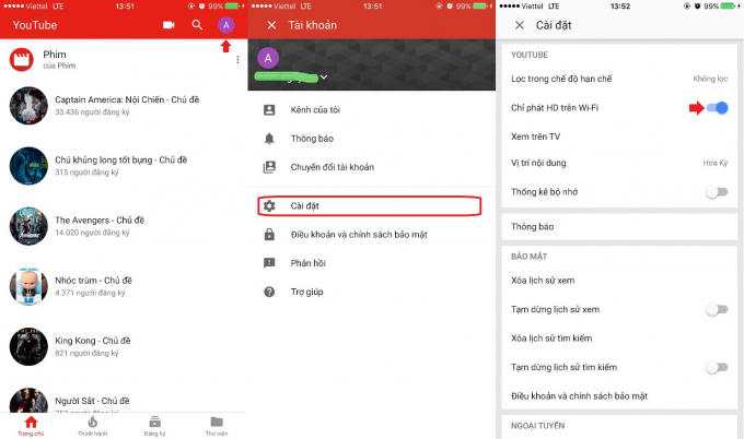 Tiết kiệm 4G trên iPhone: Trong ứng dụng YouTube, chúng ta bấm vào mục quản lý tài khoản ở góc trên bên phải màn hình. Trong màn hình tiếp theo, hãy chọn mục Cài đặt, sau đó bật tính năng Chỉ phát HD trên WiFi, đồng thời bật Chỉ tải lên qua WiFi.