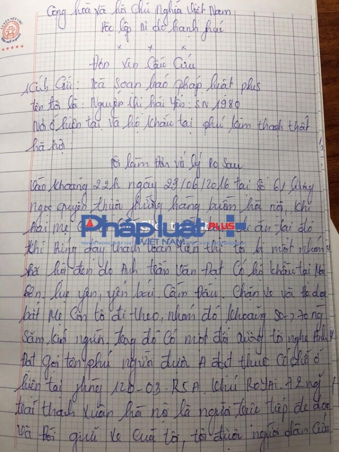 Đơn cầu cứu của bà Yến gửi đến Pháp luật Plus.
