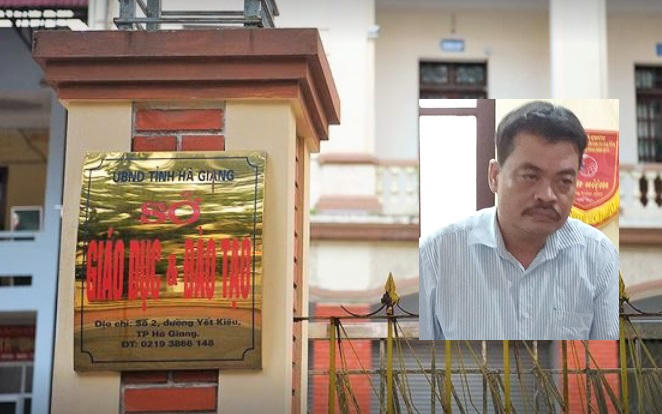 Bị can Nguyễn Thanh Hoài và trụ sở Sở GD&ĐT tỉnh Hà Giang.