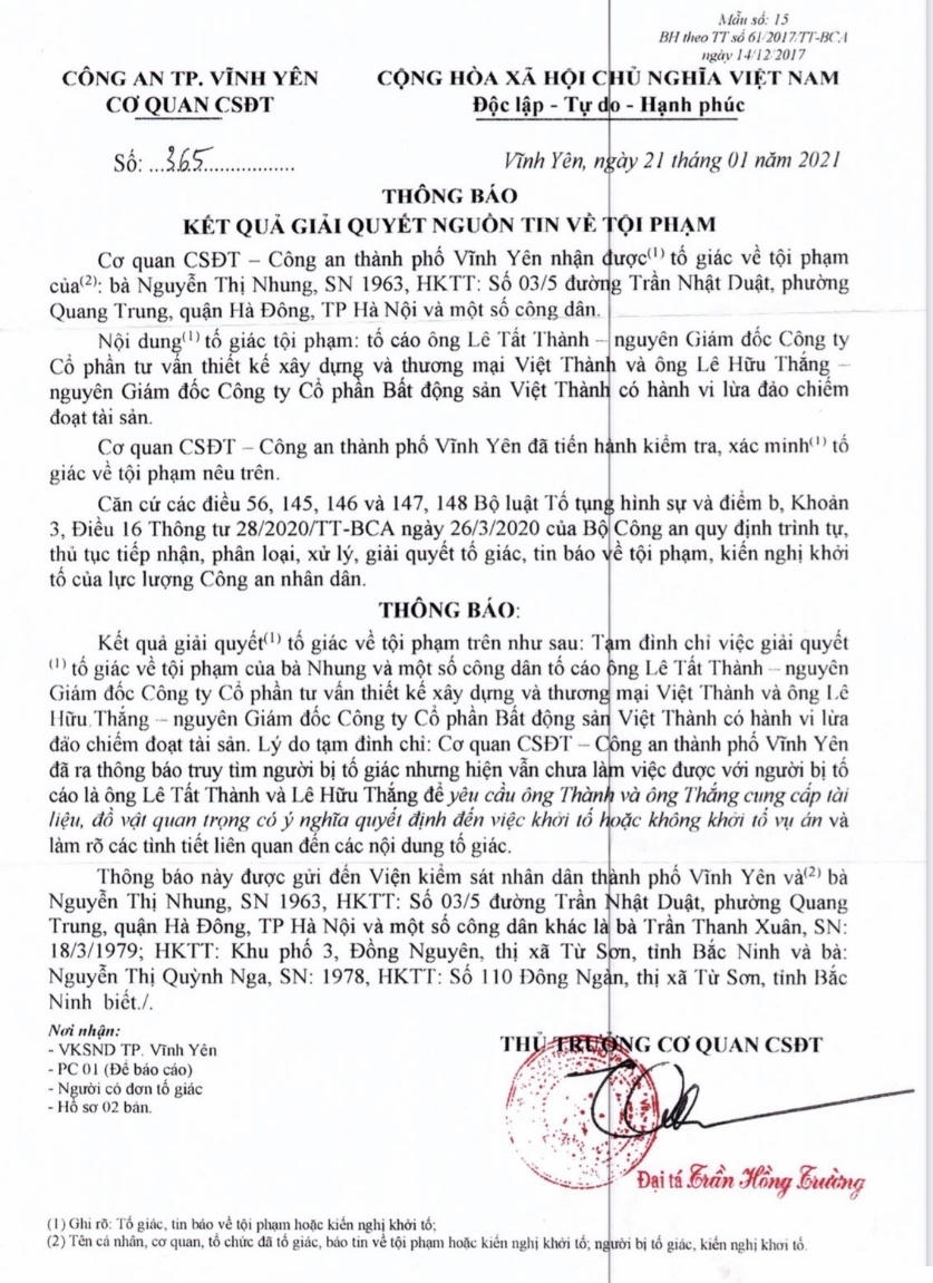 Thông báo tạm đình chỉ giải quyết tố giác tội phạm (lần 2) của Cơ quan Cảnh sát điều tra thành phố Vĩnh Yên.