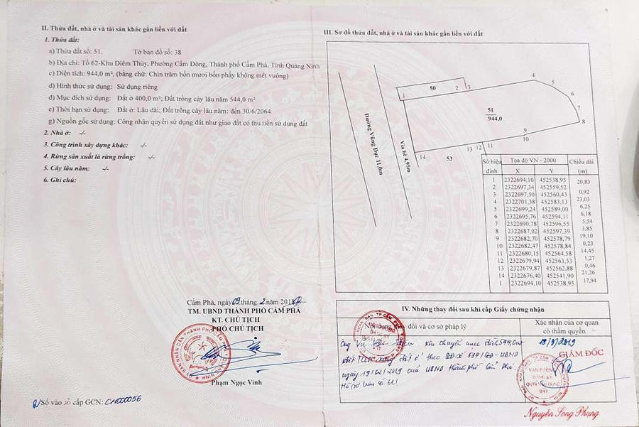 Phần chỉnh lý biến động trong giấy chứng nhận quyền sử dụng đất thể hiện diện tích 544m2 đã được chuyển mục đích sang đất ở.