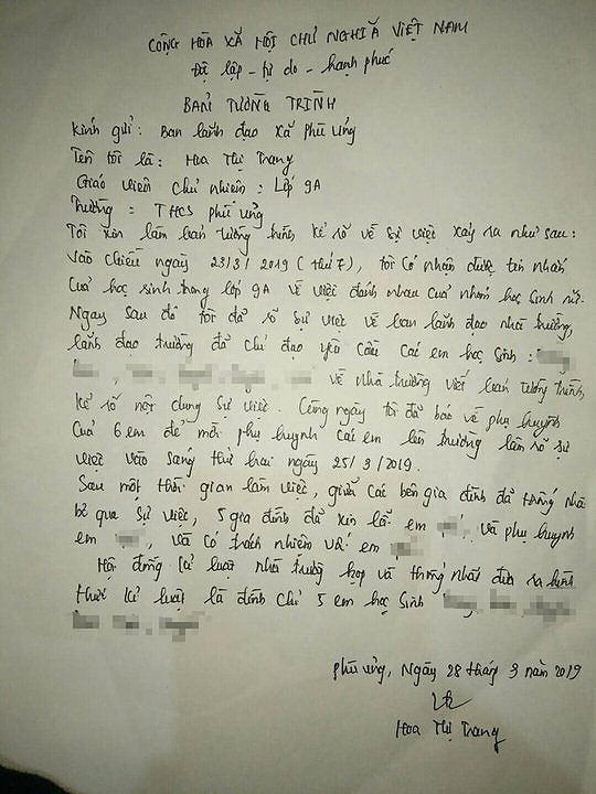 Bản tường trình của cô giáo không trung thực khi cho rằng