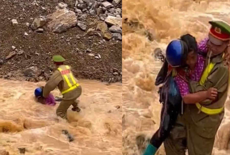 Thượng úy Nguyễn Mạnh Tường dũng cảm lao xuống dòng lũ dữ cứu người dân.