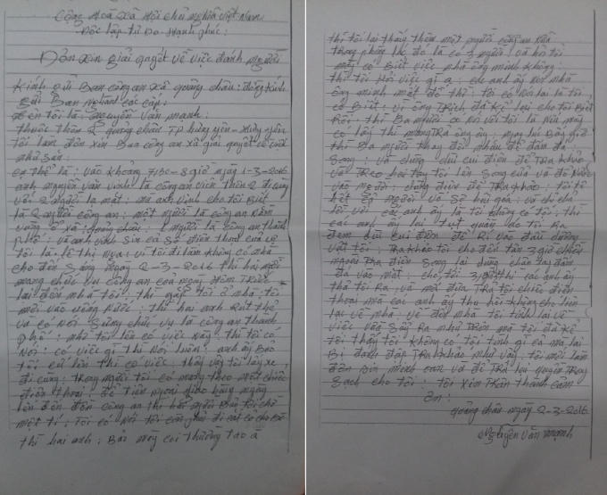 Anh Nguyễn Văn Mạnh viết đơn xin minh oan v&agrave; mong muốn trả lại sự trong sạch.