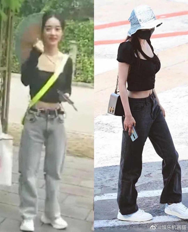Phong cách quần jeans ống rộng và áo crop top của Triệu Lệ Dĩnh (trái) đi sau Dương Mịch một thời gian. 