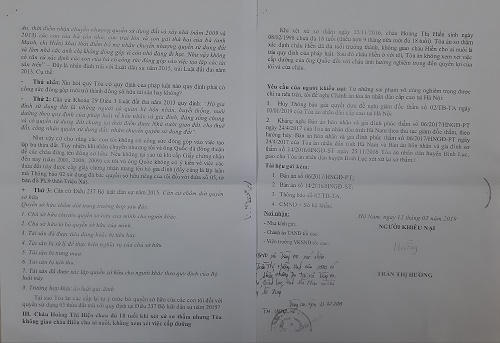 Đơn khiếu nại của bàn Hường.