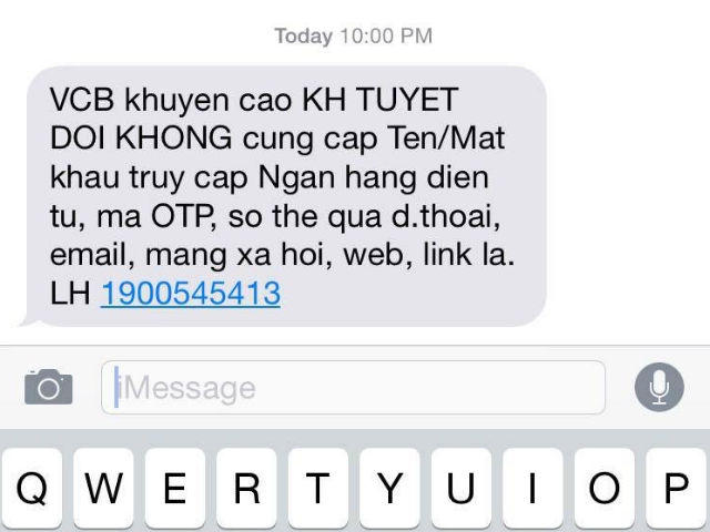 Tin nhắn cảnh báo này đã không được gửi đến điện thoại của chị Hương từ Vietcombank, mà từ người bạn của chị ấy.