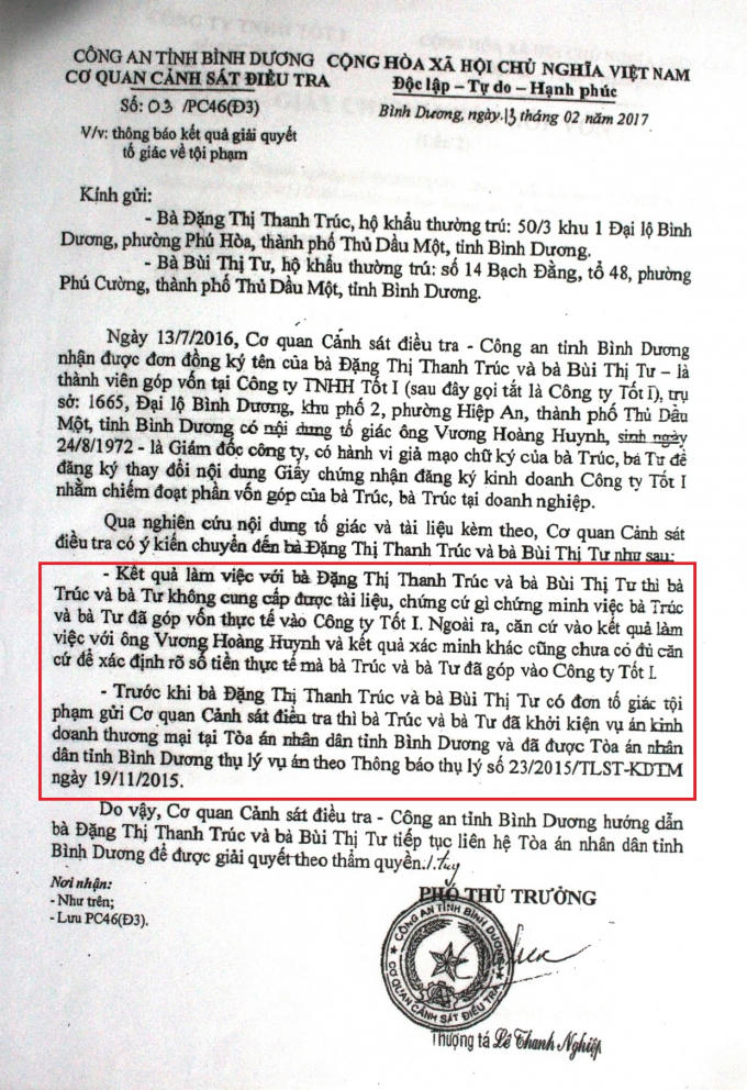 Thông báo giải quyết tố giác tội phạm của Công an tỉnh Bình Dương
