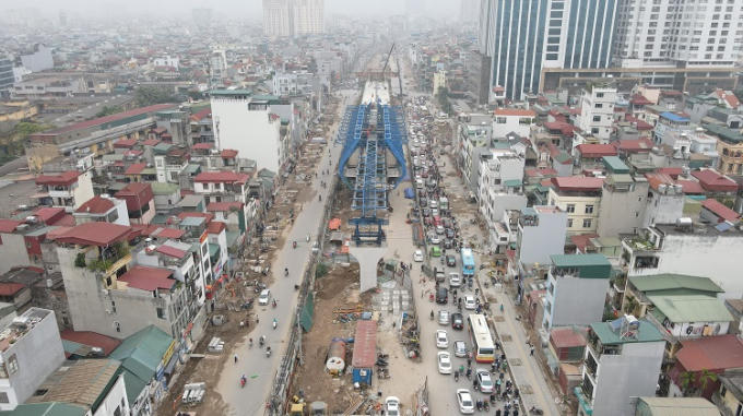 Dự án Vành đai 2, đoạn cầu Vĩnh Tuy - Ngã Tư Vọng thời điểm đầu năm 2021. Ảnh: Hải Phương