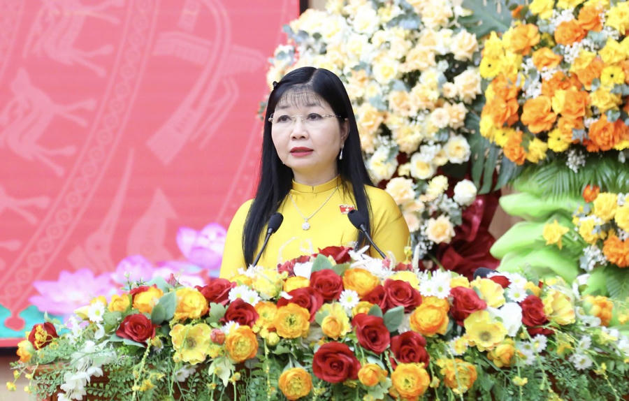 Bà Trần Thị Thanh Hương, Trưởng đoàn ĐBQH tỉnh An Giang phát biểu tại Hội nghị.