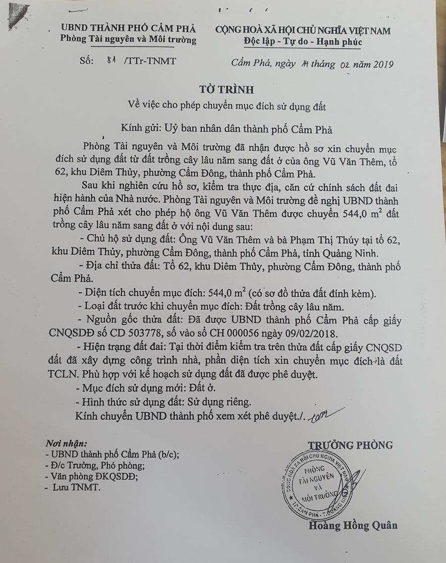 Tờ trình số 81 của Phòng Tài nguyên và môi trường do ông Hoàng Hồng Quân, nguyên Trưởng phòng ký.