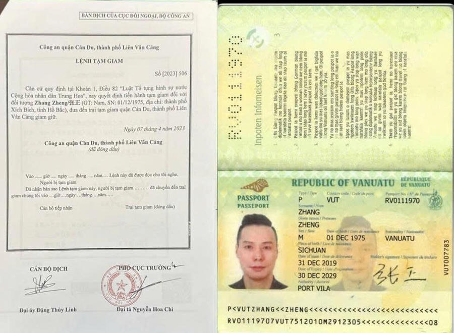 Lệnh tạm giam của Nước Cộng hòa nhân dân Trung Hoa và Hộ chiếu của đối tượng truy nã tên Zhang Zheng