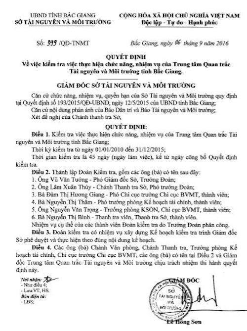 Quyết định Thanh tra Trung tâm quan trắc TN&amp;MT tỉnh Bắc Giang.