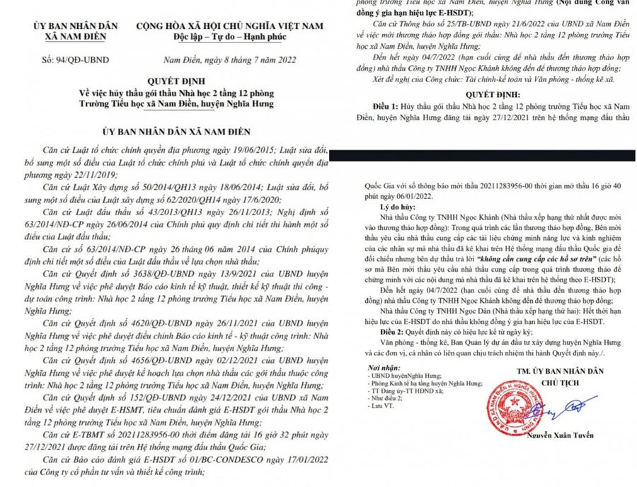Quyết định của UBND xã Nam Điền về việc huỷ gói thầu nhà học 2 tầng 12 phòng Trường tiểu học xã Nam Điền do Công ty Ngọc khánh không cung cấp hồ sơ chứng minh năng lực và kinh nghiệm.