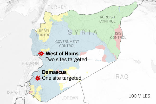 Các mục tiêu bị tấn công tại Damascus và Homs (Ảnh: NYT)