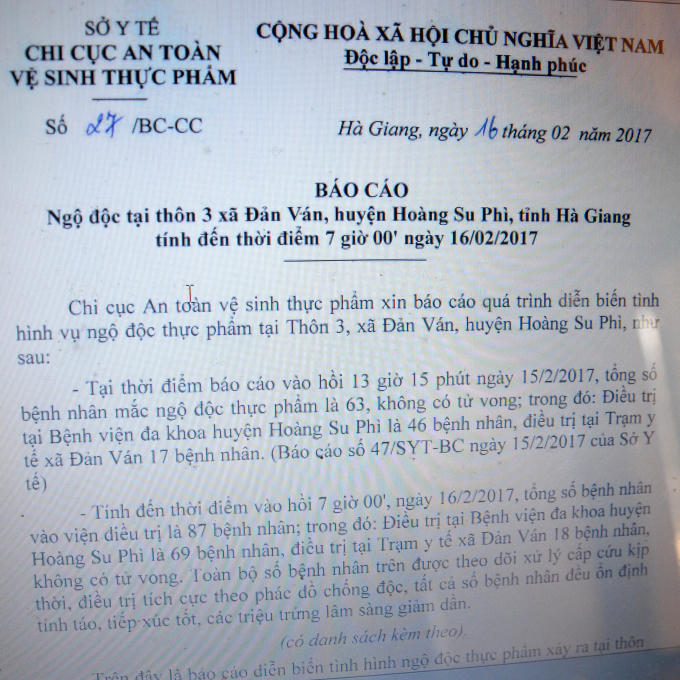 Báo cáo mới nhất của Chi cục vệ sinh an toàn thực phẩm tỉnh Hà Giang. (Ảnh: Phàn Giào Họ).