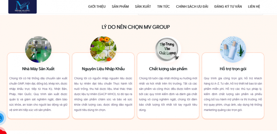 Tại website:minhvuongltd.com của Công ty TNHH dược phẩm Minh Vương đăng tải thông tin công ty Minh Vương Company sở hữu hệ thống các nhà máy sản xuất đều đạt tiêu chuẩn GMP, ISO với dây chuyền sản xuất hiện đại, đồng bộ, khép kín, được nhập khẩu trực tiếp từ Hoa Kỳ, Nhật Bản, Pháp, Hàn Quốc. Ảnh chụp màn hình.