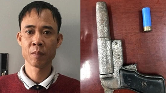Đối tượng Ơn và khẩu súng gây án.