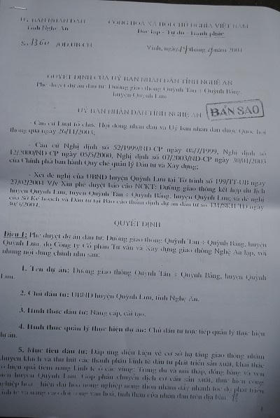 Quyết định phê duyệt Dự án đường Tân Bảng của UBND tỉnh Nghệ An (ảnh Duy Ngợi).