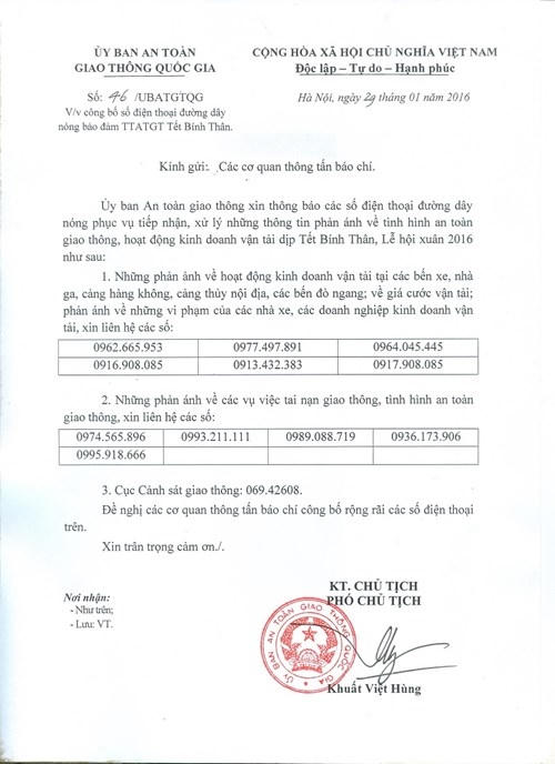 Uỷ ban an toàn giao thông quốc gia công bố số điện thoại đường dây nóng