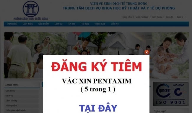 Giao diện đăng ký của Trung tâm y tế dự phòng Hà Nội.