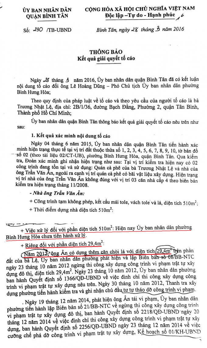 Thông báo số 230/TB-UBND của UBND quận Bình Tân.
