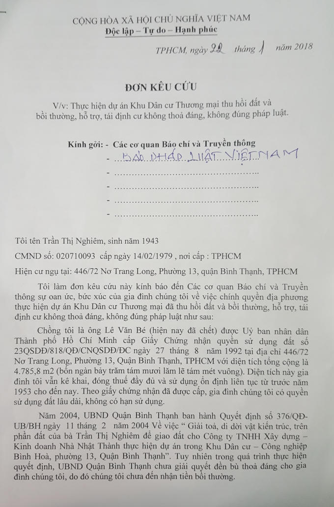Đơn kêu cứu của bà Nghiêm