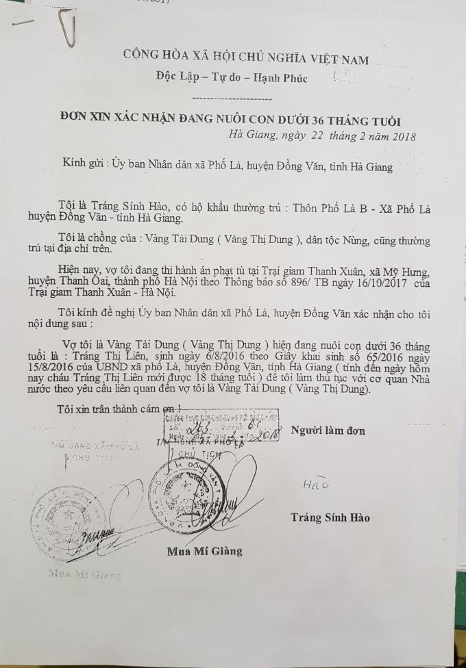 Văn bản xác nhận Vàng Thị Dung đang nuôi con dưới 36 tháng tuổi của chính quyền địa phương.