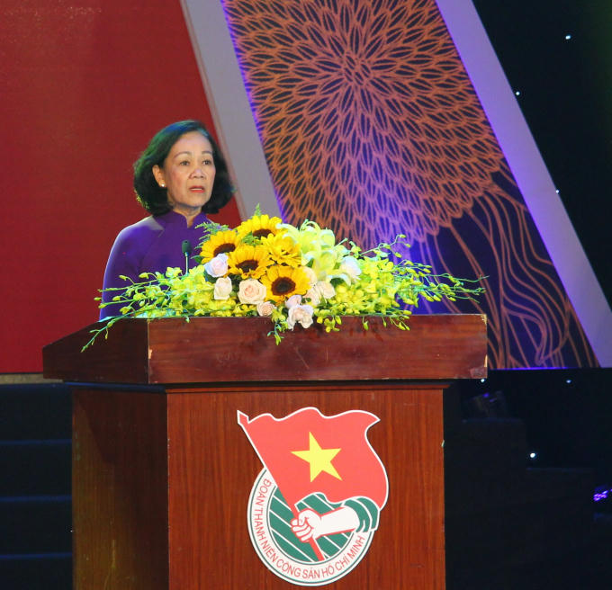 Bà Trương Thị Mai, Ủy viên bộ chính trị, Bí thư Trung ương Đảng, Trưởng ban Dân vận Trung ương phát biểu tại buổi lễ.  (Ảnh Cao Long)