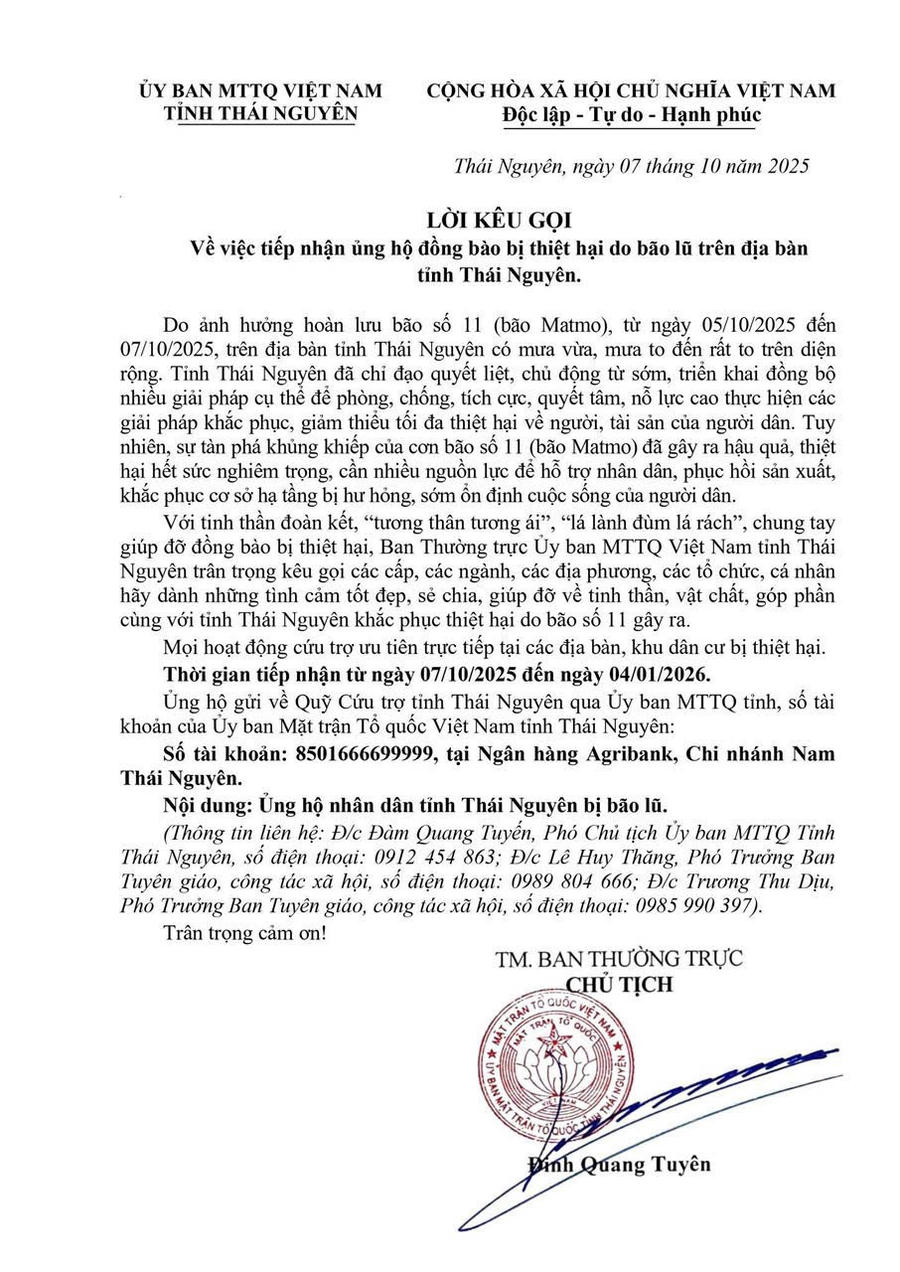 Toàn văn Lời kêu gọi ủng hộ đồng bào bị thiệt hại do bão lũ gây ra.