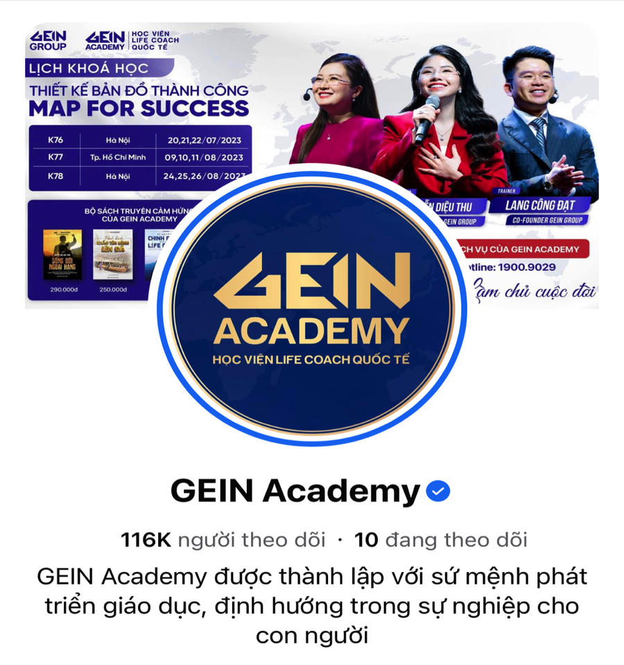 Fanpage chính thức của GEIN Academy trên Facebook ( Có tích xanh).