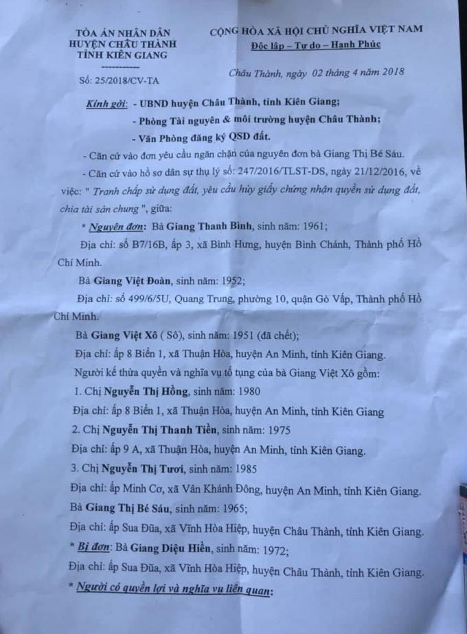 Công văn số 25/2018/CV-TA của TAND huyện Châu Thành.