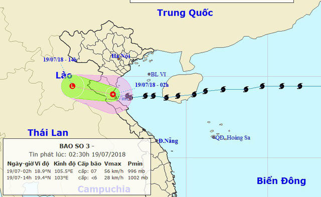 Vị trí và hướng di chuyển của cơn bão số 3.