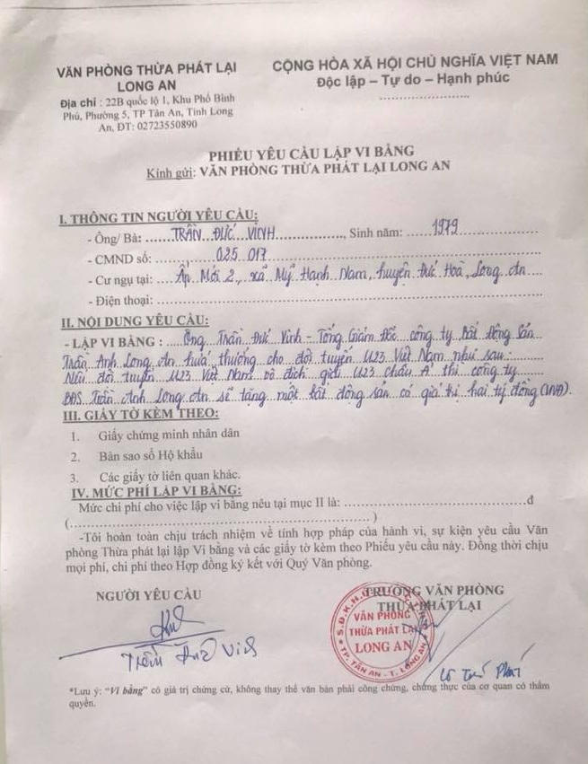 Vi bằng hứa thưởng đích thân ông chủ Trần Anh Long An yêu cầu xác lập