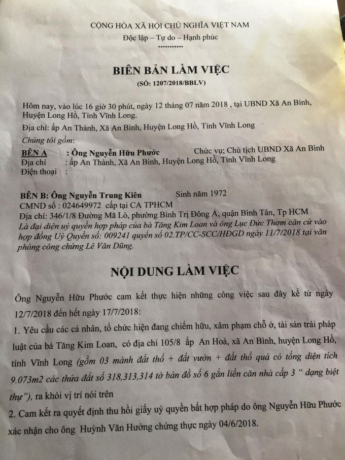 Biên bản làm việc giữa ông Phước và bên tố cáo.