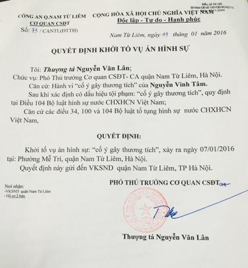 Quyết định số 73/CANTL (ĐTTH) khởi tố vụ án hình sự cố ý gây thương tích xảy ra vào ngày 07/01/2016 tại phường Mễ Trì, quận Nam Từ Liêm, Hà Nội.