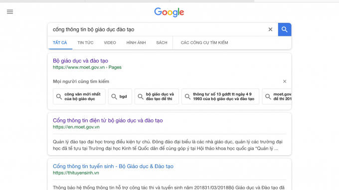 Tìm kiếm trên trang công cụ Google.com