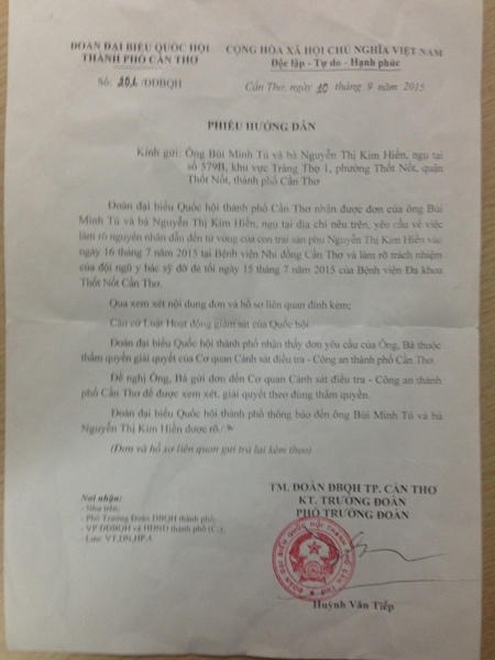 Phiếu chuyển đơn của Đoàn Đại biểu Quốc hội gửi các cơ quan chức năng xem xét