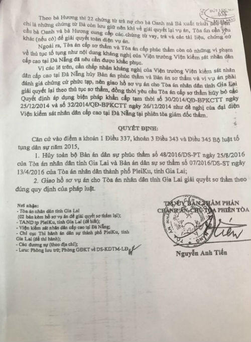 Ủy ban Thẩm phán TAND cấp cao tại Đà Nẵng ra quyết định hủy bỏ toàn bộ Bản án dân sự phúc thẩm ngày 25/8/2016 của TAND tỉnh Gia Lai và Bản án sơ thẩm ngày 13/4/2016 của TAND TP Pleiku.
