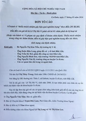 Đơ tố cáo của gia đình bệnh nhân Hà Vi.
