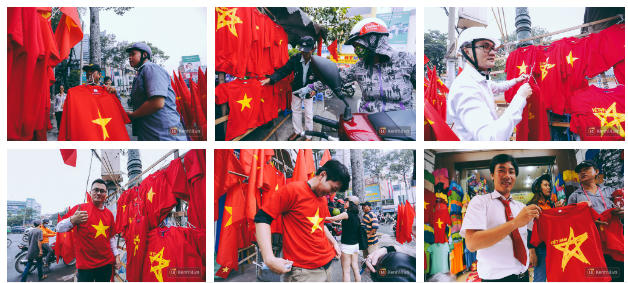 Người dân mua cờ tổ quốc, áo màu đỏ sao vàng,... (Ảnh: Kênh 14).