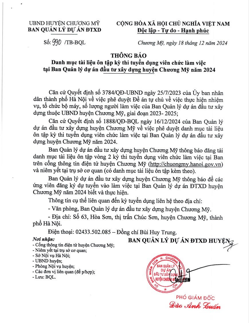 Thông báo về việc Danh mục tài liệu ôn tập kỳ thi tuyển dụng viên chức làm việc tại Ban Quản lý dự án đầu tư xây dựng huyện Chương Mỹ năm 2024.