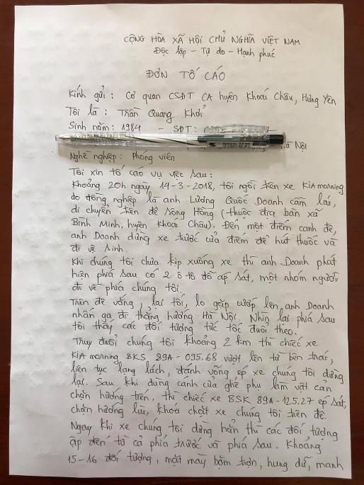 Đơn tố cáo nhóm đối tượng của nhà báo đã được CA huyện Khoái Châu thụ lý.