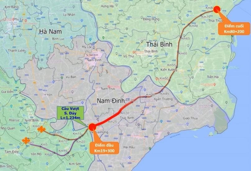 Hướng tuyến đường bộ cao tốc CT.08 đoạn qua tỉnh Thái Bình và Nam Định. Ảnh: UBND tỉnh Thái Bình