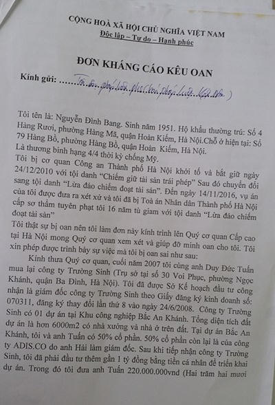 Đơn kêu cứu của ông Nguyễn Đình Bang.
