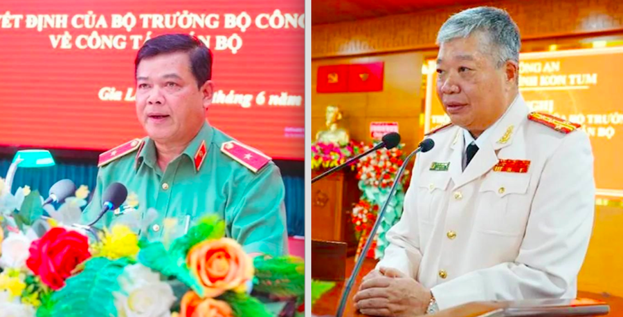 Đại tá Nguyễn Hồng Nhật (bìa phải) Giám đốc Công an tỉnh Kon Tum và Thiếu tướng Rah Lan Lâm Giám đốc Công an tỉnh Gia Lai.