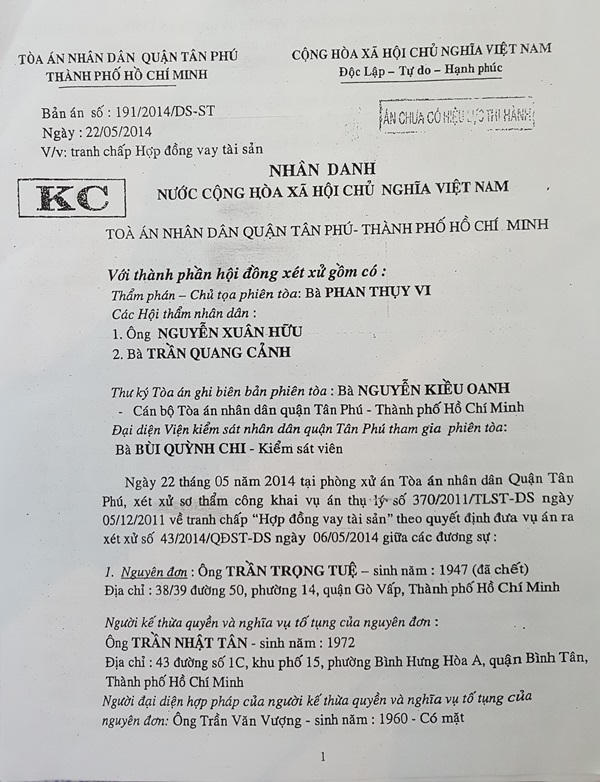 Bản án sơ thẩm số 191/2014/DS-ST của TAND quận Tân Phú.